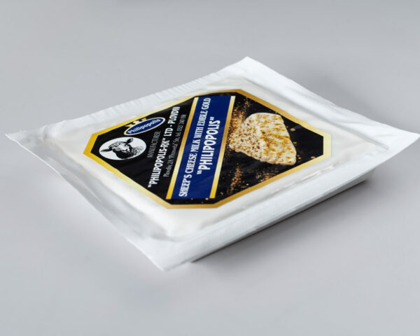 White brined cheese made from sheep's milk with edible gold